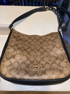 Coach Brown Signature Canvas Hobo with Black Leather Trim